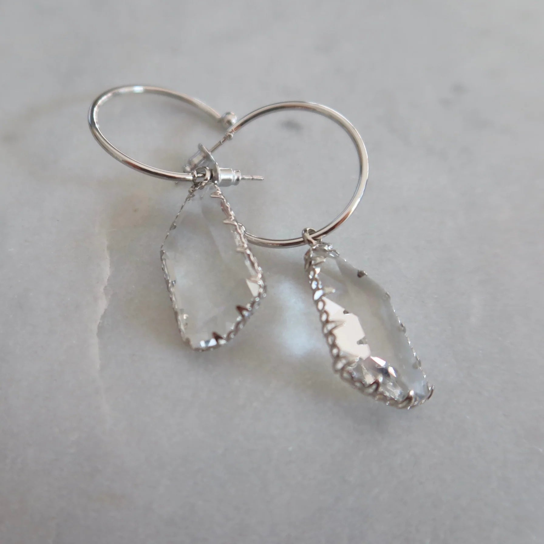 Clear Hoop Drop Earrings - Silver